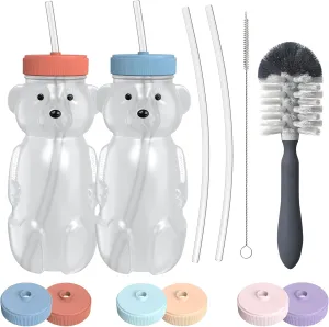 Honey Bear Straw Cup for Babies, 2-Pack Honey Bear Bottle with Travel Lid, Therapy Learning Honeybear Straw Cup, Baby Bottle Set 8 oz, Blueberry Pie & Firetruck