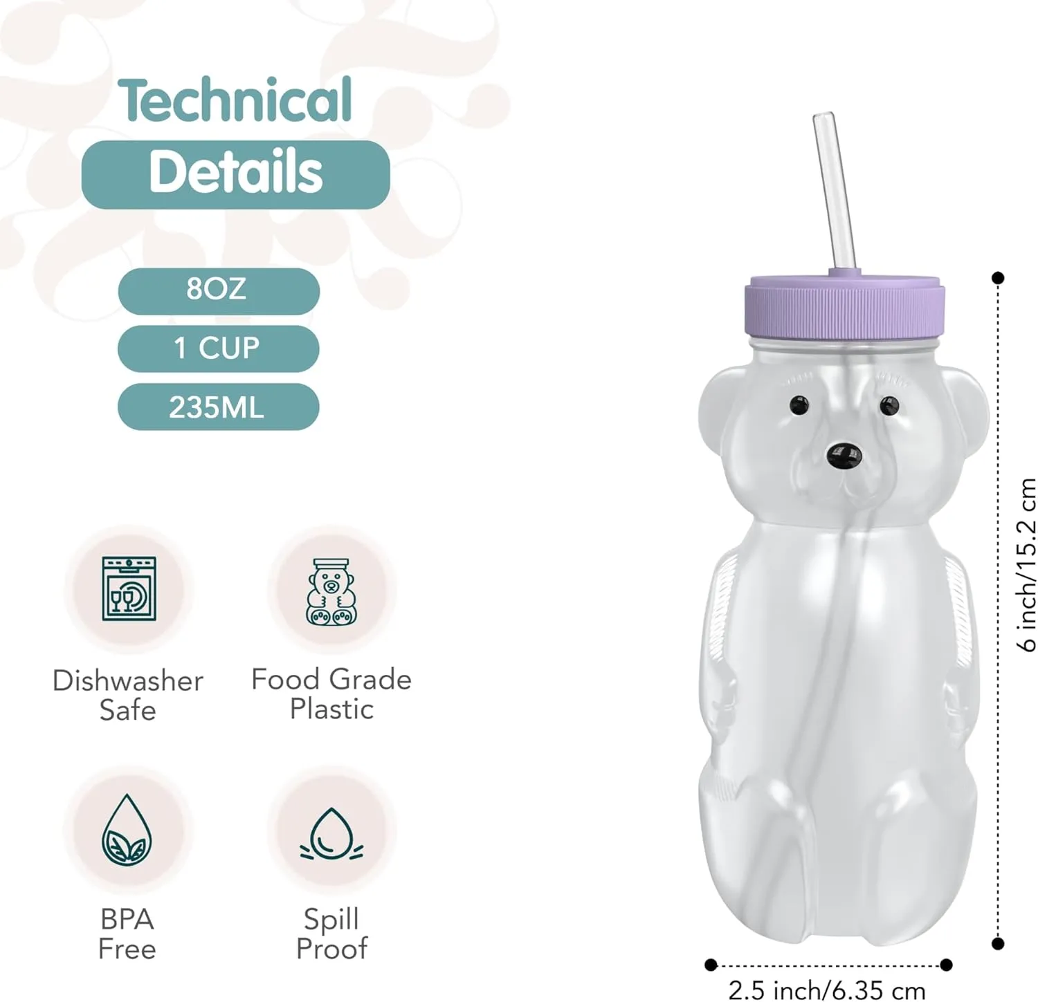 Honey Bear Straw Cup for Babies, 8-oz Honey Bear Cup with Lid, 3-Pack Therapy Learning Honeybear Straw, Baby Bottle Set, Unicorn PURPLE