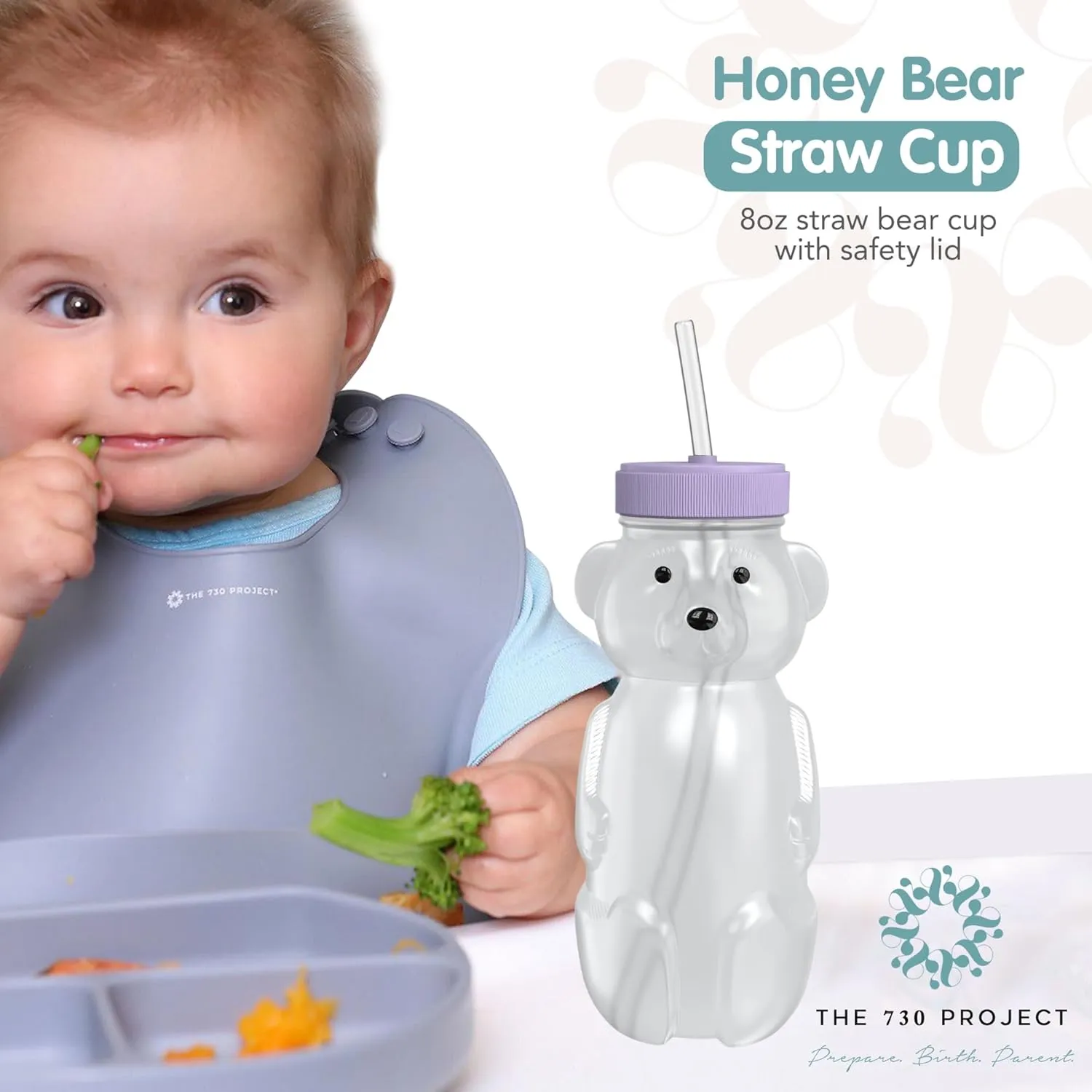 Honey Bear Straw Cup for Babies, 8-oz Honey Bear Cup with Lid, 3-Pack Therapy Learning Honeybear Straw, Baby Bottle Set, Unicorn PURPLE