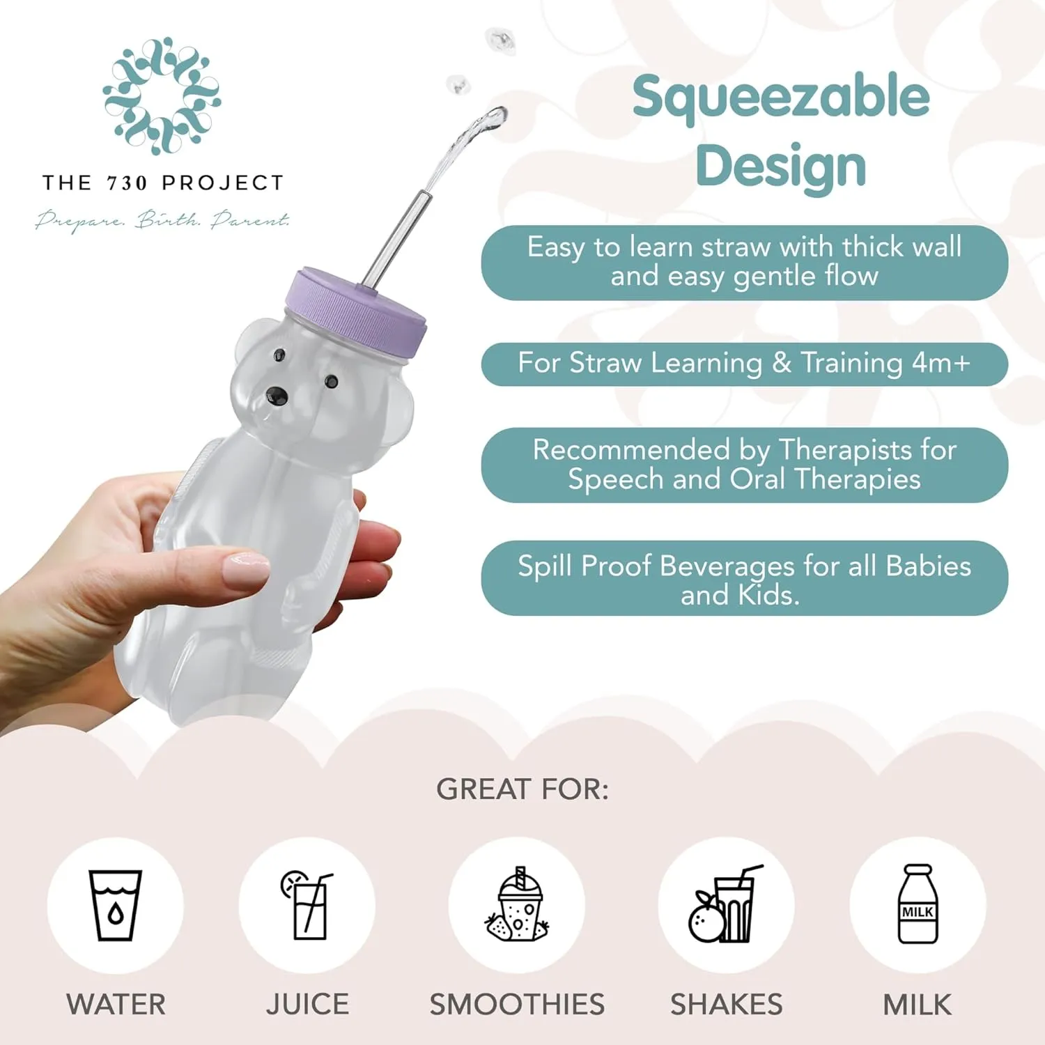 Honey Bear Straw Cup for Babies, 8-oz Honey Bear Cup with Lid, 3-Pack Therapy Learning Honeybear Straw, Baby Bottle Set, Unicorn PURPLE