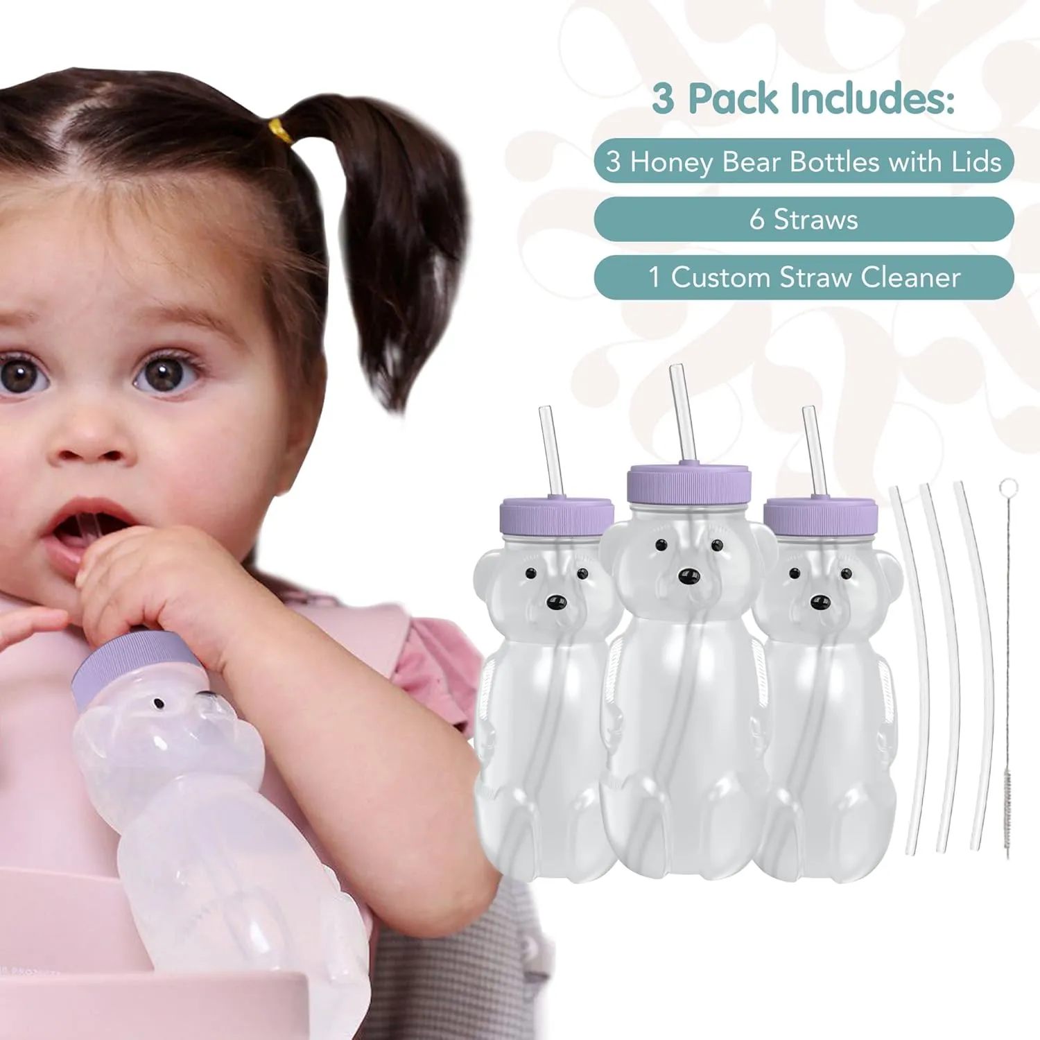 Honey Bear Straw Cup for Babies, 8-oz Honey Bear Cup with Lid, 3-Pack Therapy Learning Honeybear Straw, Baby Bottle Set, Unicorn PURPLE