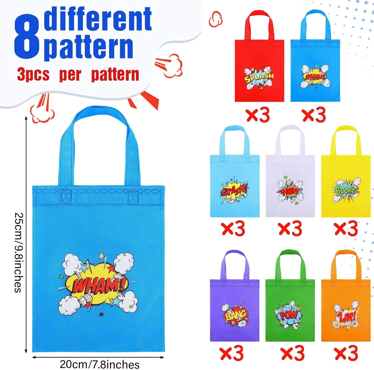 Hosuly 24 Pieces Hero Party Favor Bags Non Woven Tote Reusable Bags Bulk Hero Theme Goodie Candy Gift Treat Handbags for Birthday Party Supplies, 8 Styles(Novelty Style)