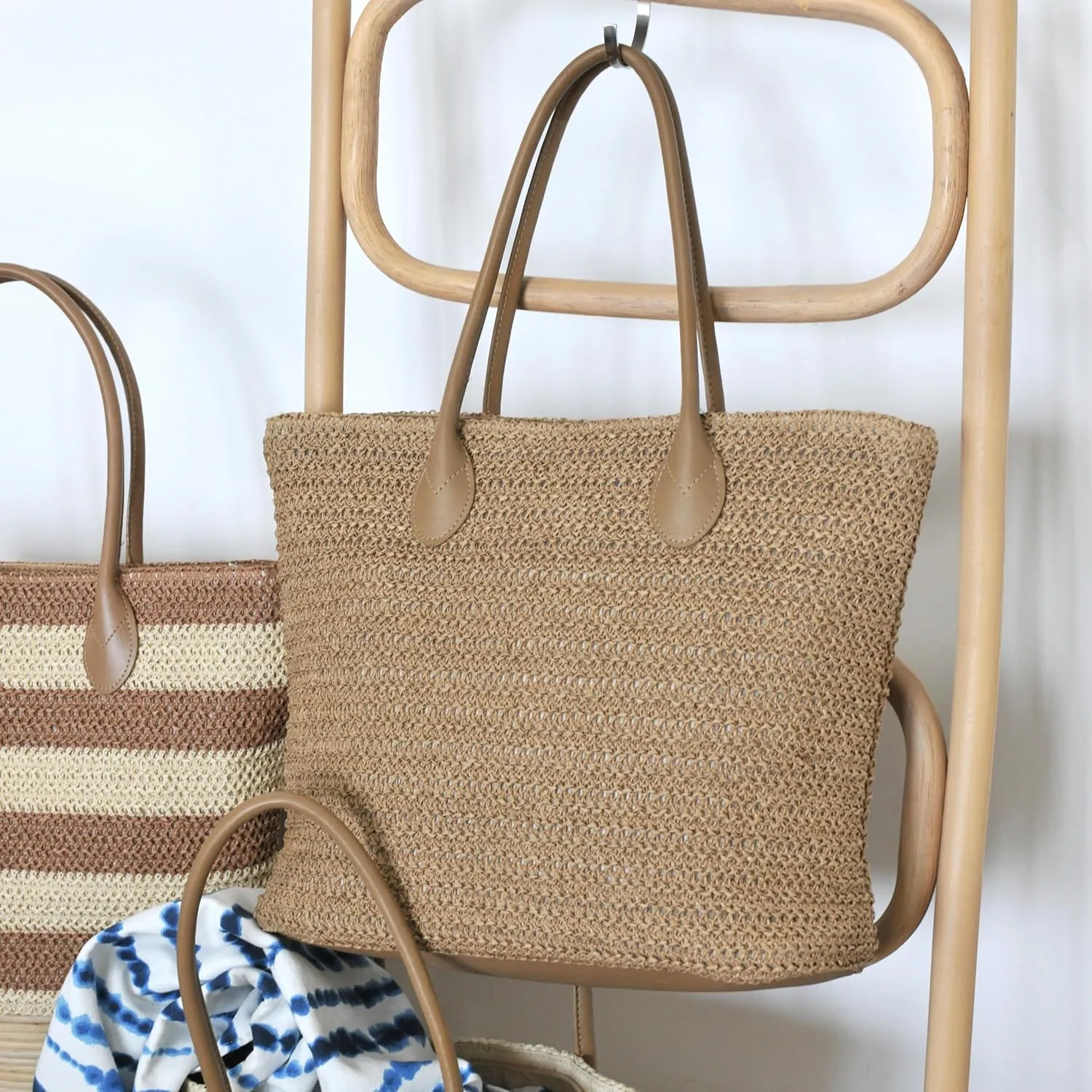 HOXIS Weekender Lightweight Synthetic Straw Shopper Tote Womens Shoulder Handbag