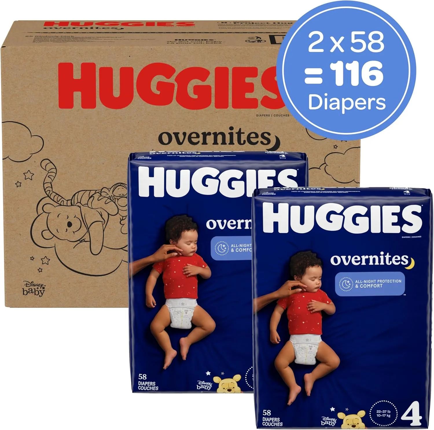 Huggies Size 4 Overnites Baby Diapers: Overnight Diapers, Size 4 (22-37 lbs), 116 Ct (2 Packs of 58), Packaging May Vary