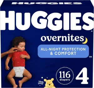 Huggies Size 4 Overnites Baby Diapers: Overnight Diapers, Size 4 (22-37 lbs), 116 Ct (2 Packs of 58), Packaging May Vary