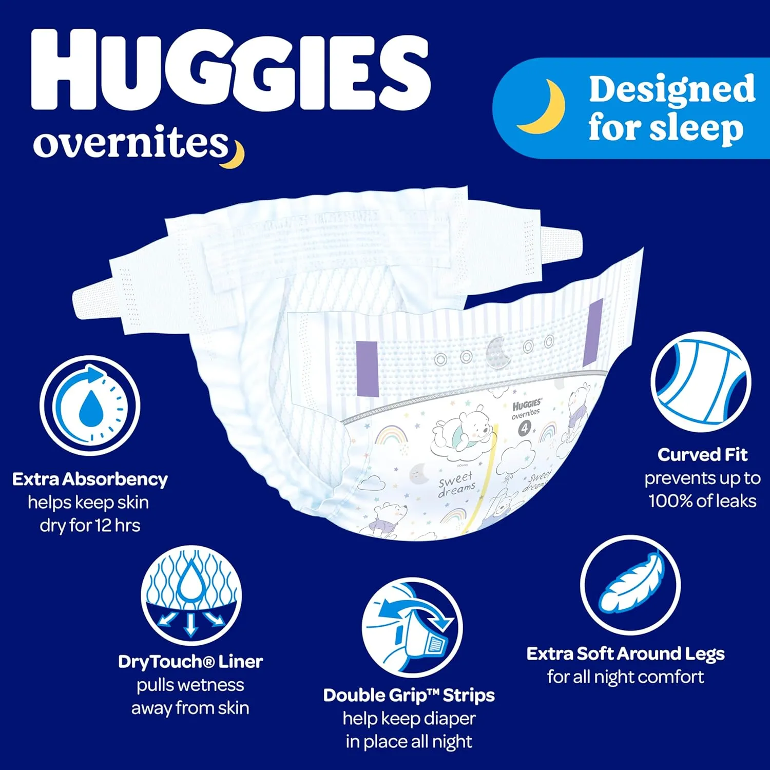 Huggies Size 4 Overnites Baby Diapers: Overnight Diapers, Size 4 (22-37 lbs), 116 Ct (2 Packs of 58), Packaging May Vary