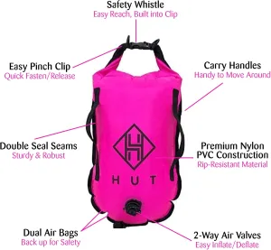 HUT Swim Buoy Dry Bag - Premium safety tow float and watertight dry bag for open water swimmers, triathletes. High visibility safety swim buoy, two air chambers – be seen be safe.