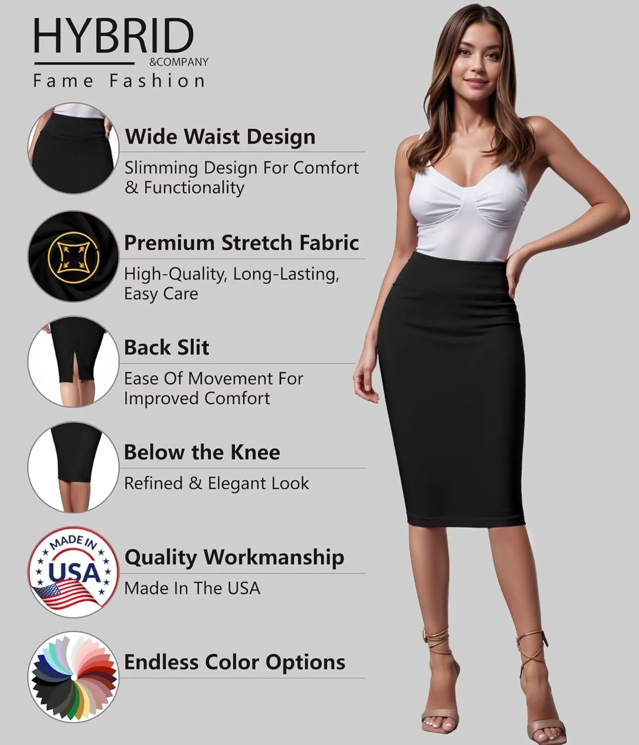 Hybrid & Company Women's Premium Nylon Ponte Stretch High Waist Pencil Suit Skirt Below Knee