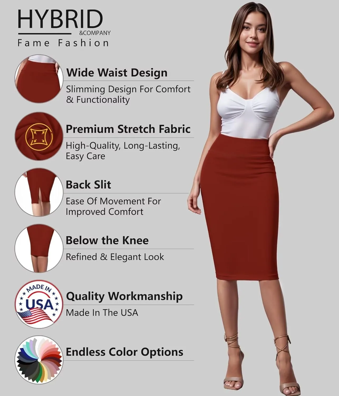 Hybrid & Company Women's Premium Nylon Ponte Stretch High Waist Pencil Suit Skirt Below Knee