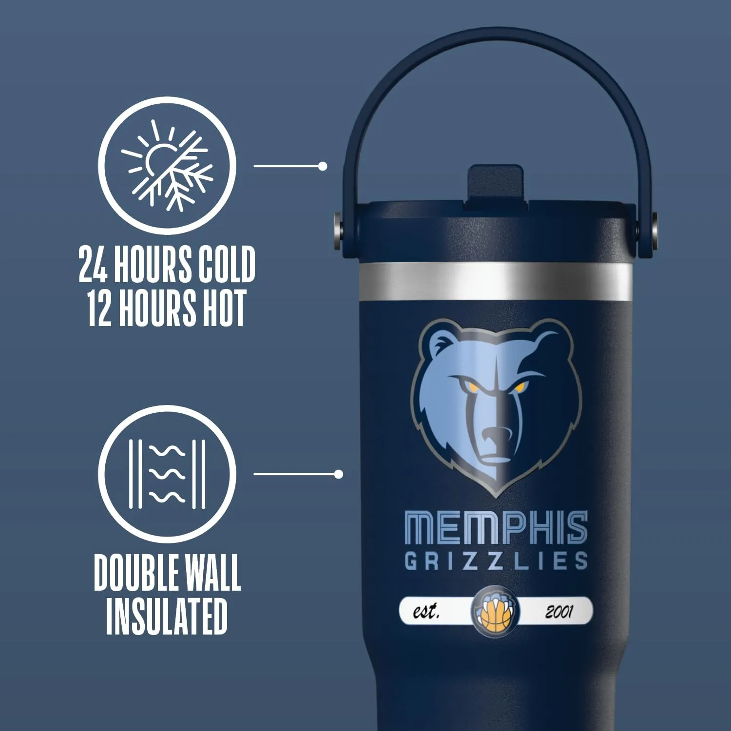 Hydrapeak x NBA Officially Licensed Memphis Grizzlies 32 oz Nomad Tumbler with Handle and Straw Lid, Leakproof Stainless Steel Water Bottle