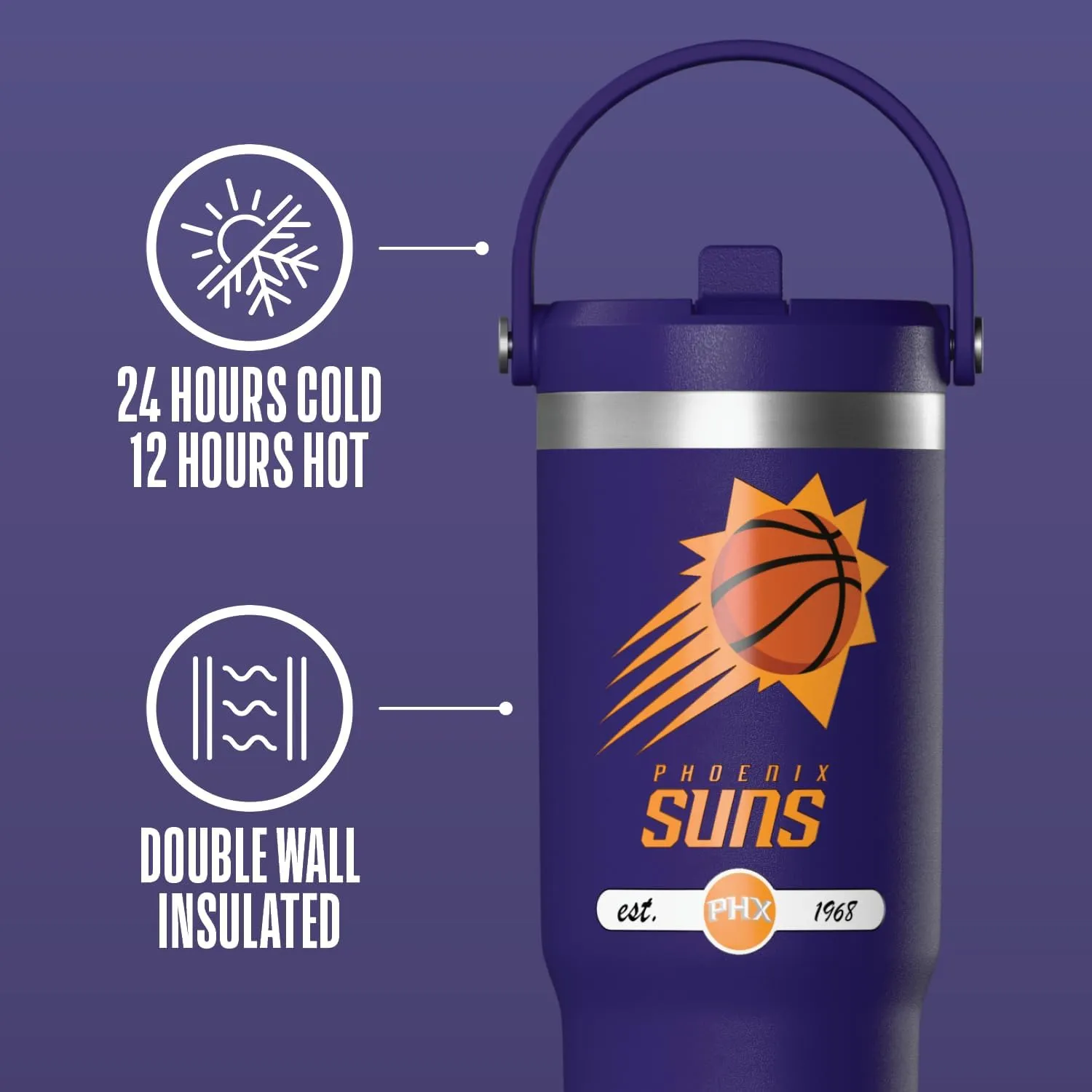 Hydrapeak x NBA Officially Licensed Phoenix Suns 32 oz Nomad Tumbler with Handle and Straw Lid, Leakproof Stainless Steel Water Bottle