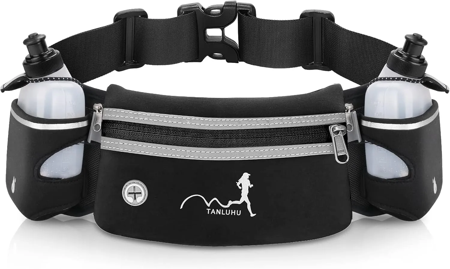 Hydration Running Belt with Water Bottles(2 x 300ML), Luckit Upgraded Nylon Webbing Running Waist Bag Reflective Bum Bag Adjustable Sports Waist Pouch for Marathon Running Hiking Camping Jogging