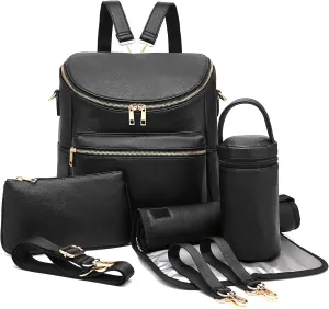 I IHAYNER Diaper Bag Backpack Leather Backpack for Women Travel Backpack Baby Bag Large with Troller Straps Capacity for Wet Clothes, Breast Pump, Milk Bottle Black