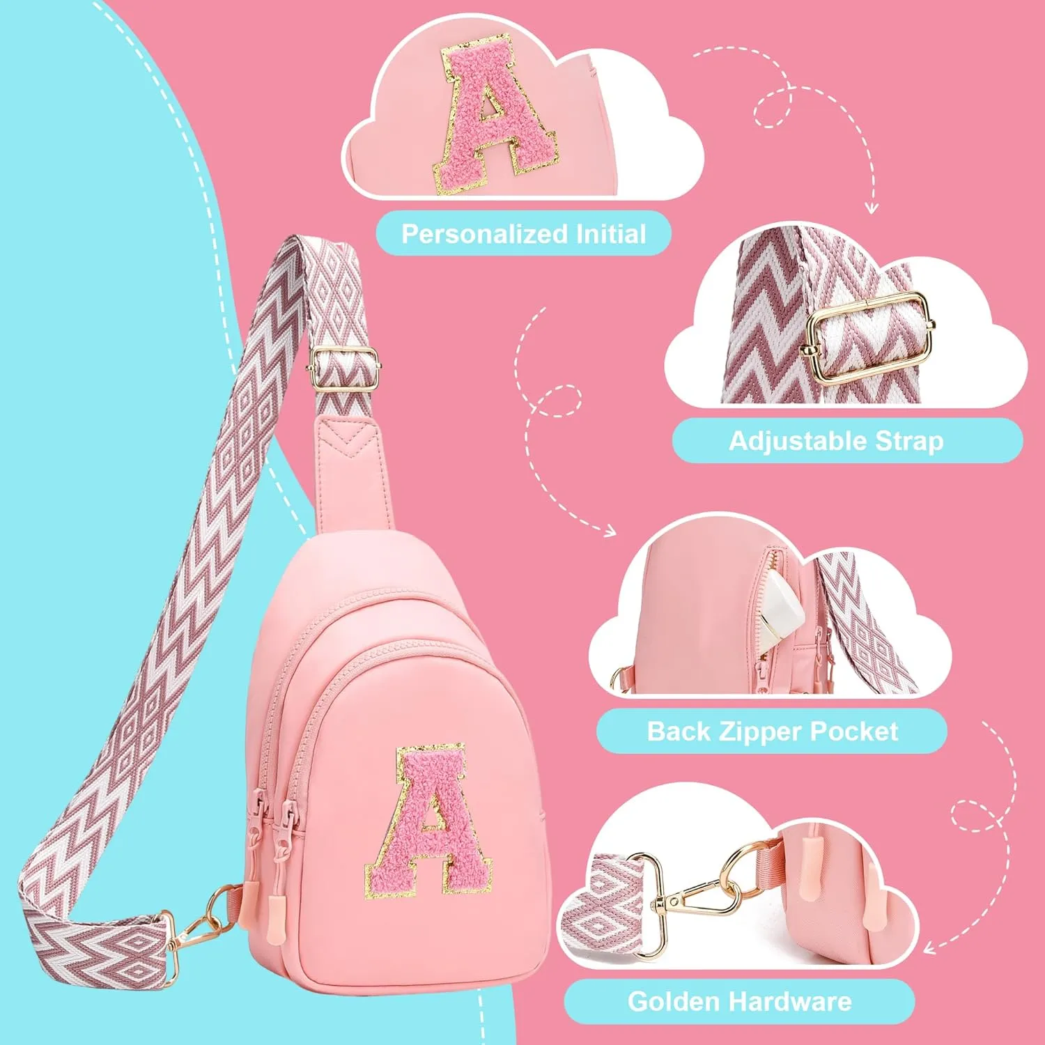 I IHAYNER Girls Sling Bag Fanny Pack Crossbody Bags with Initial Letter for Teen Girls Gift Trendy Stuff Chest Bag for Travel (Pink-S）