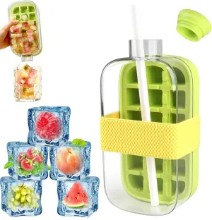 Ice Cube Bottle,Green Cool Summer Ice Bottle Cup,2 in 1 Zero Touch Press Ice Cube Mold Water Bottle with Lid and Bin,Easy Press to Release Vertical Ice Cube Tray with Lid for Freezer 800ml