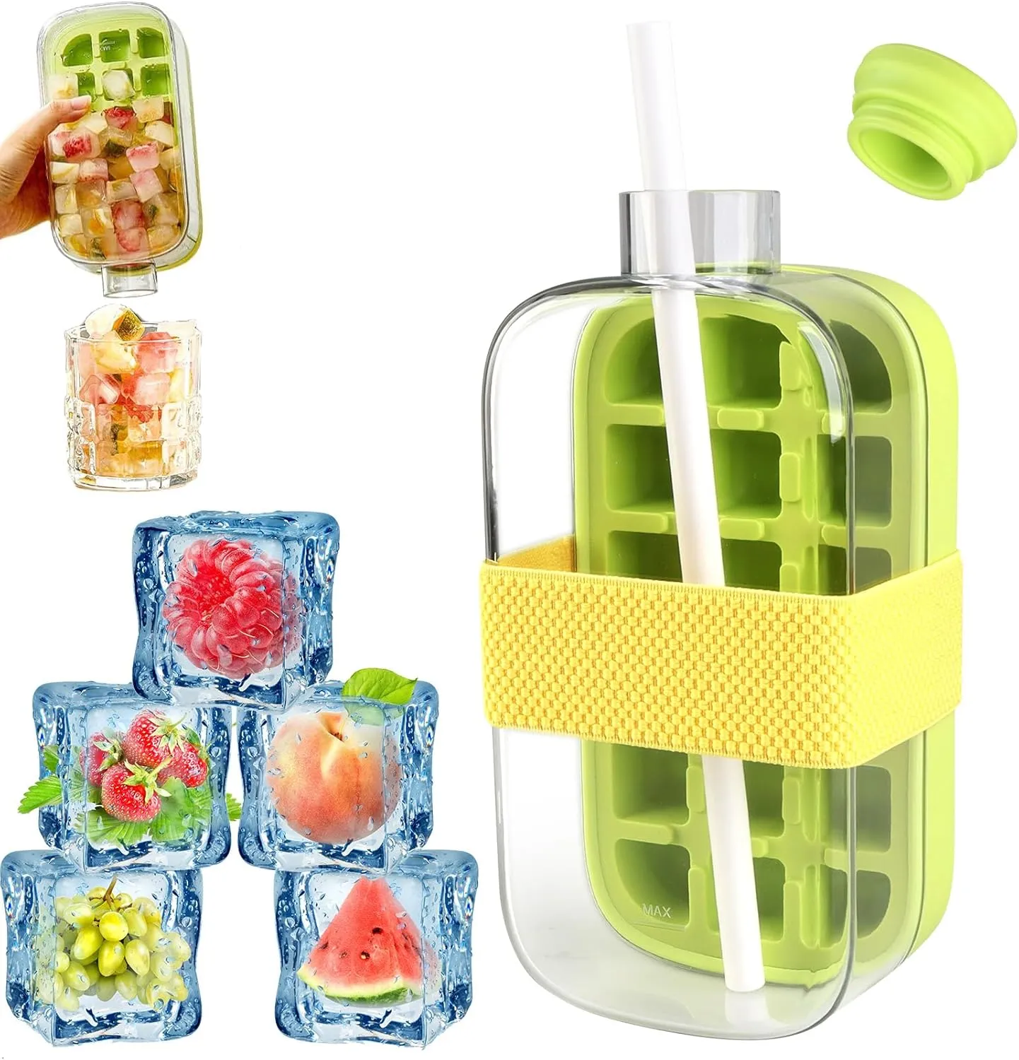Ice Cube Bottle,Green Cool Summer Ice Bottle Cup,2 in 1 Zero Touch Press Ice Cube Mold Water Bottle with Lid and Bin,Easy Press to Release Vertical Ice Cube Tray with Lid for Freezer 800ml