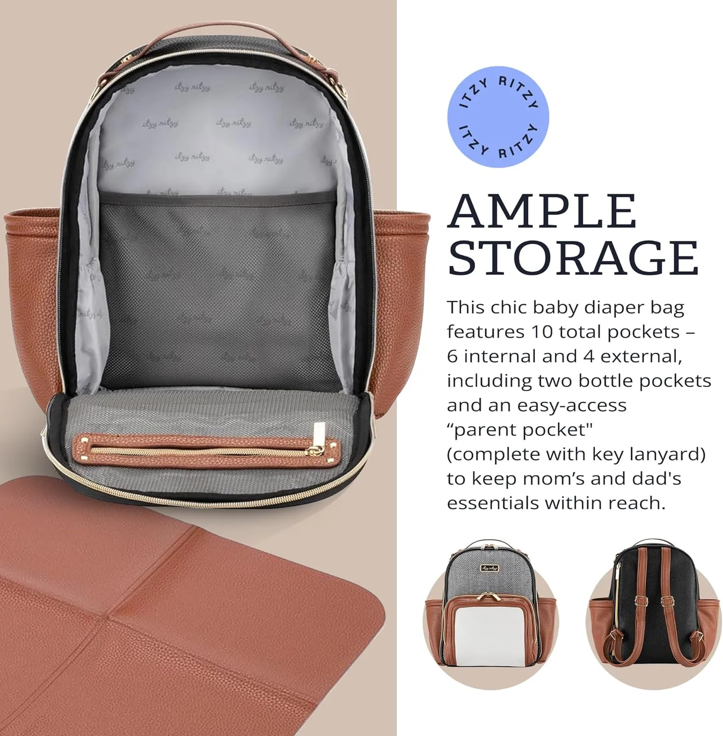 Itzy Ritzy Mini Plus Diaper Bag, Coffee & Cream