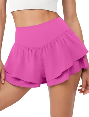 IWD Women's Flowy Athletic Shorts High Waisted Double Ruffle Butterfly Shorts 2 in 1 Running Tennis Shorts with Pockets