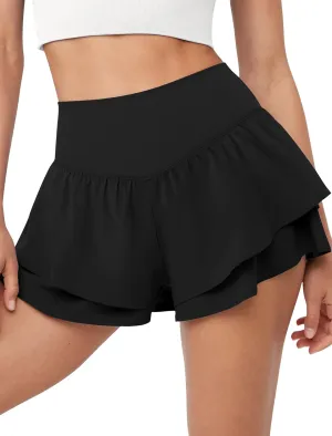 IWD Women's Flowy Athletic Shorts High Waisted Double Ruffle Butterfly Shorts 2 in 1 Running Tennis Shorts with Pockets