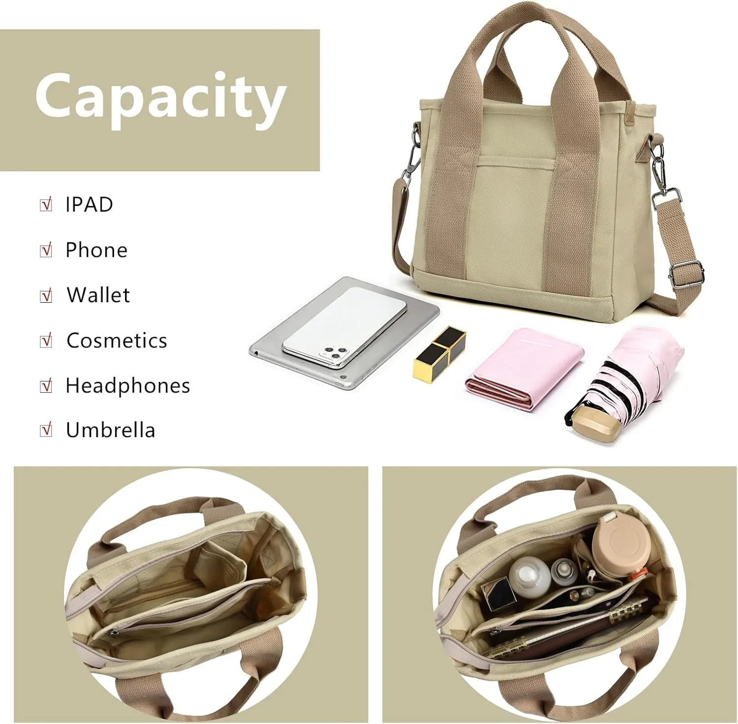 IwIeIaIrI Canvas Tote Bag for Women with Multi Pockets,Trendy Shoulder Handbag with Compartments for shopping,Work,Beach