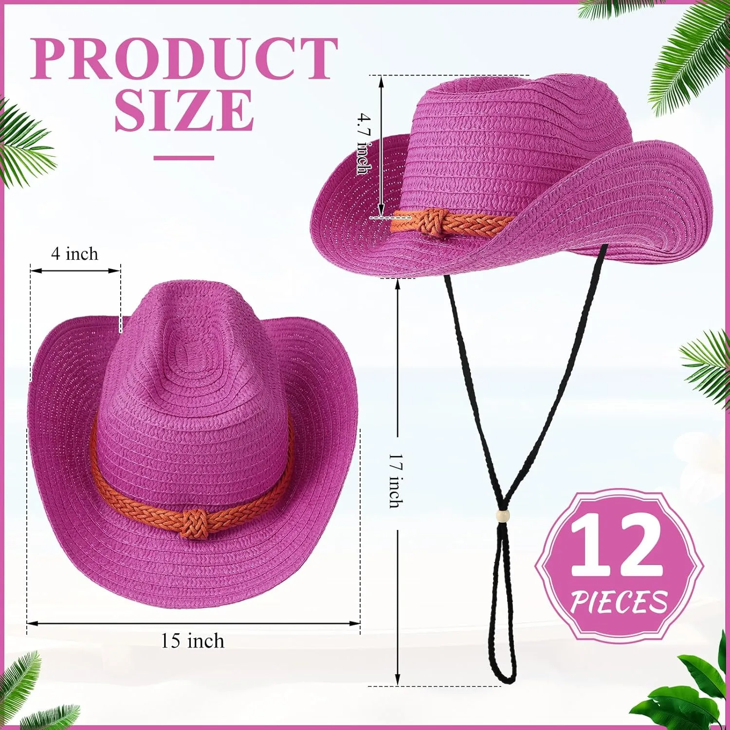 JaGely 12 Pcs Straw Cowboy Hat for Men Women Western Party Sun Protection Wide Brim Cowgirl for Summer Camping Garden Yard