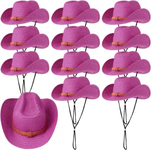 JaGely 12 Pcs Straw Cowboy Hat for Men Women Western Party Sun Protection Wide Brim Cowgirl for Summer Camping Garden Yard