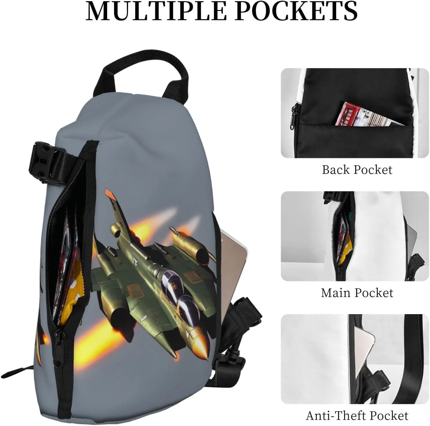 Jet Fighters Print Crossbody Backpack Casual Sling Bag Travel Lightweight, Adjustable Cross Bag
