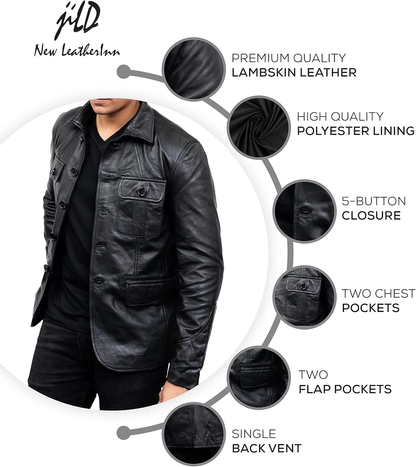 Jild Lambskin Leather Jacket Men Casual Coat – Notched Collar Classic Bond’s Style Ultimate Leather Blazer for Men