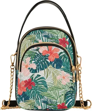 JIPONI Palm Leaf Hawaiian Hibiscus Flower Quilted Crossbody Bag for Women, Small Cell Phone Bag Shoulder Handbags Purse with Leather Strap