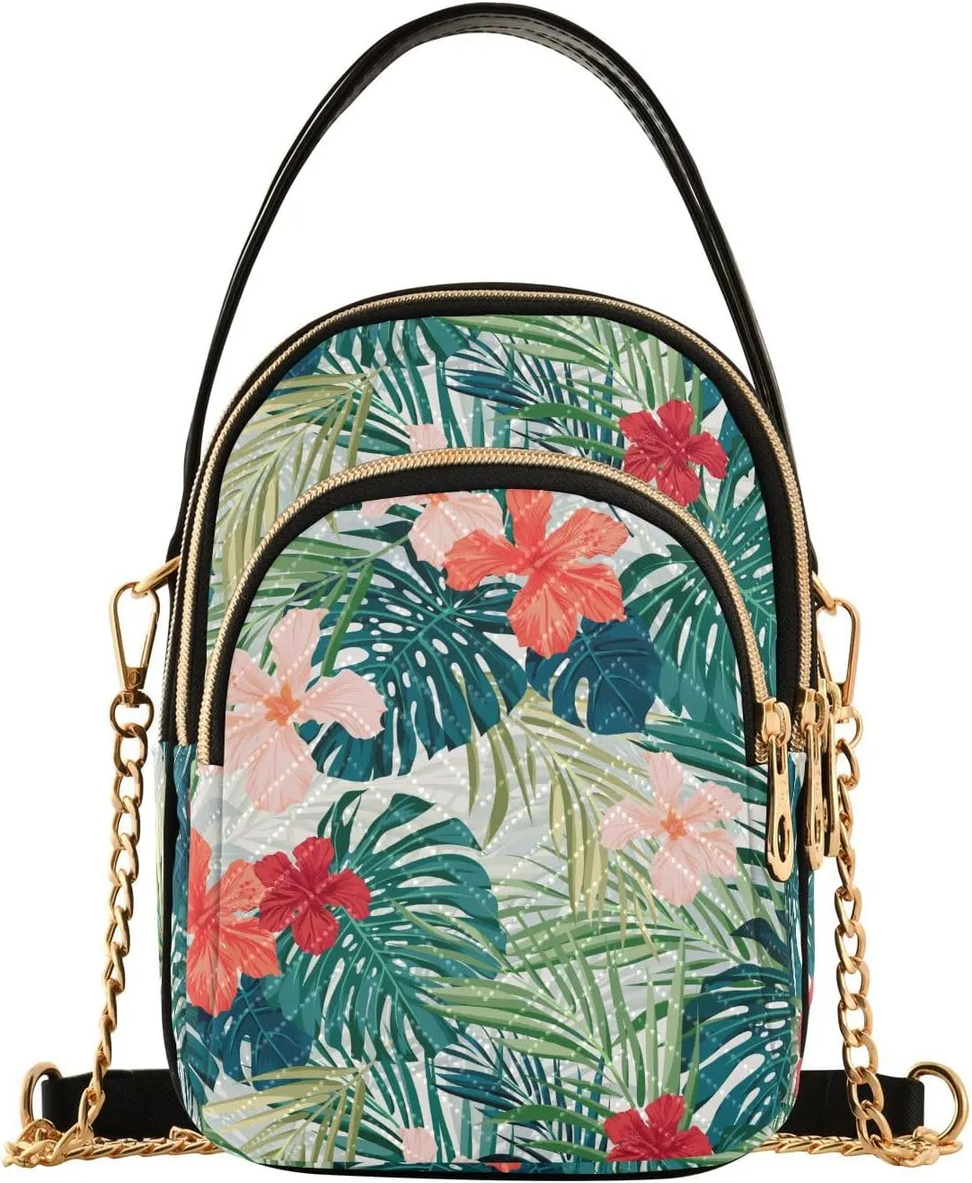 JIPONI Palm Leaf Hawaiian Hibiscus Flower Quilted Crossbody Bag for Women, Small Cell Phone Bag Shoulder Handbags Purse with Leather Strap