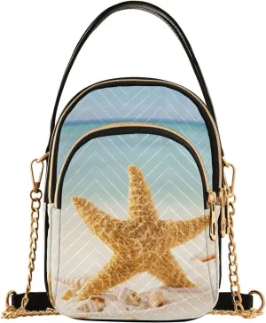 JIPONI Summer Sandy Beach Shells and Starfish Quilted Crossbody Bag for Women, Small Cell Phone Bag Shoulder Handbags Purse with Leather Strap