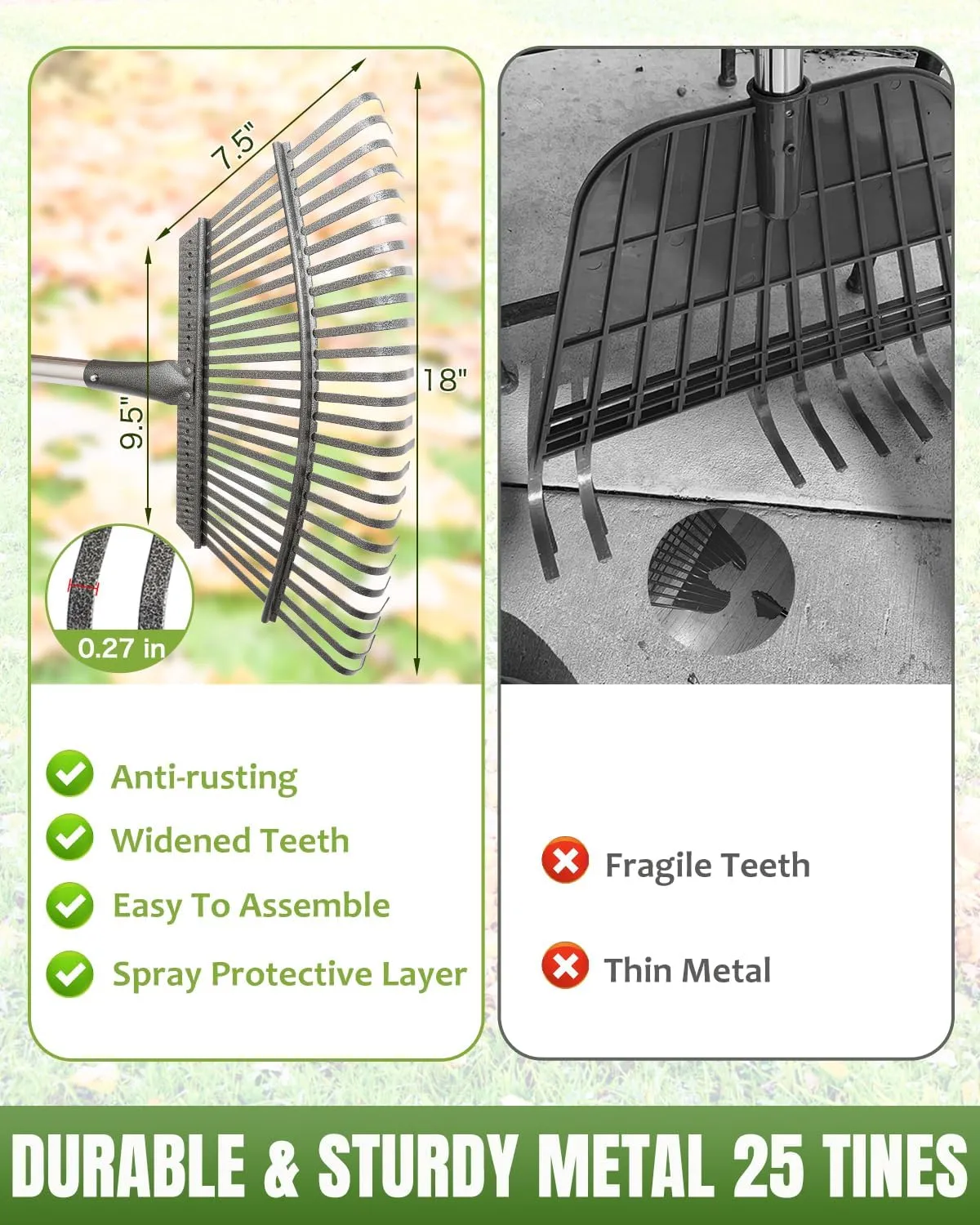 Joyhalo 65 Inch Rake for Leaves with 40 Gallon Dustpan-Typ Leaf Bags, 25 Tines Metal Leaf Rake Set for Gardening Lawns Yard Outdoor Camping Shrub Grass Bush Grass Clippings