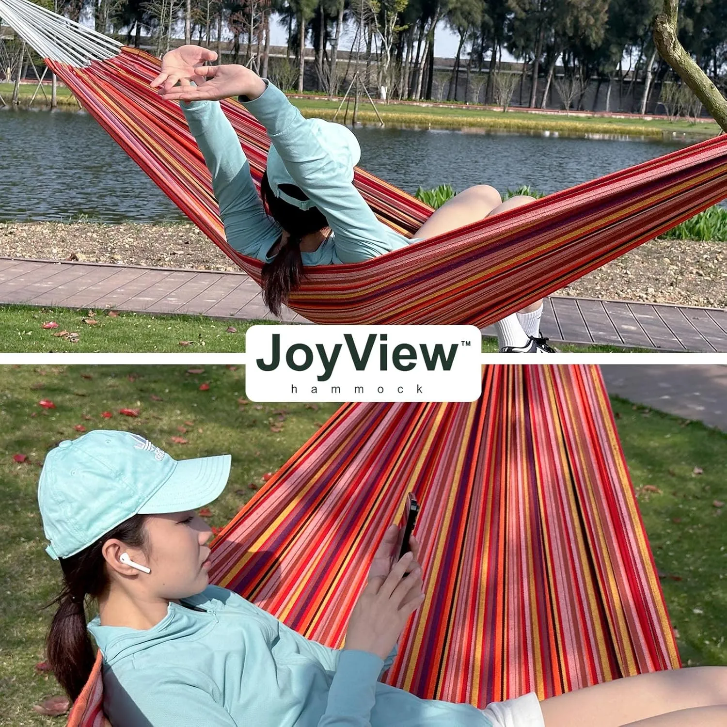 JoyView Brazilian Double Hammock with Hanging Ropes Extra Large 86.6x59” Portable Cotton Hammock for Patio Backyard Porch 450LBS Weight Capacity Perfect for Outdoor/Indoor - Light Green/Yellow Stripe