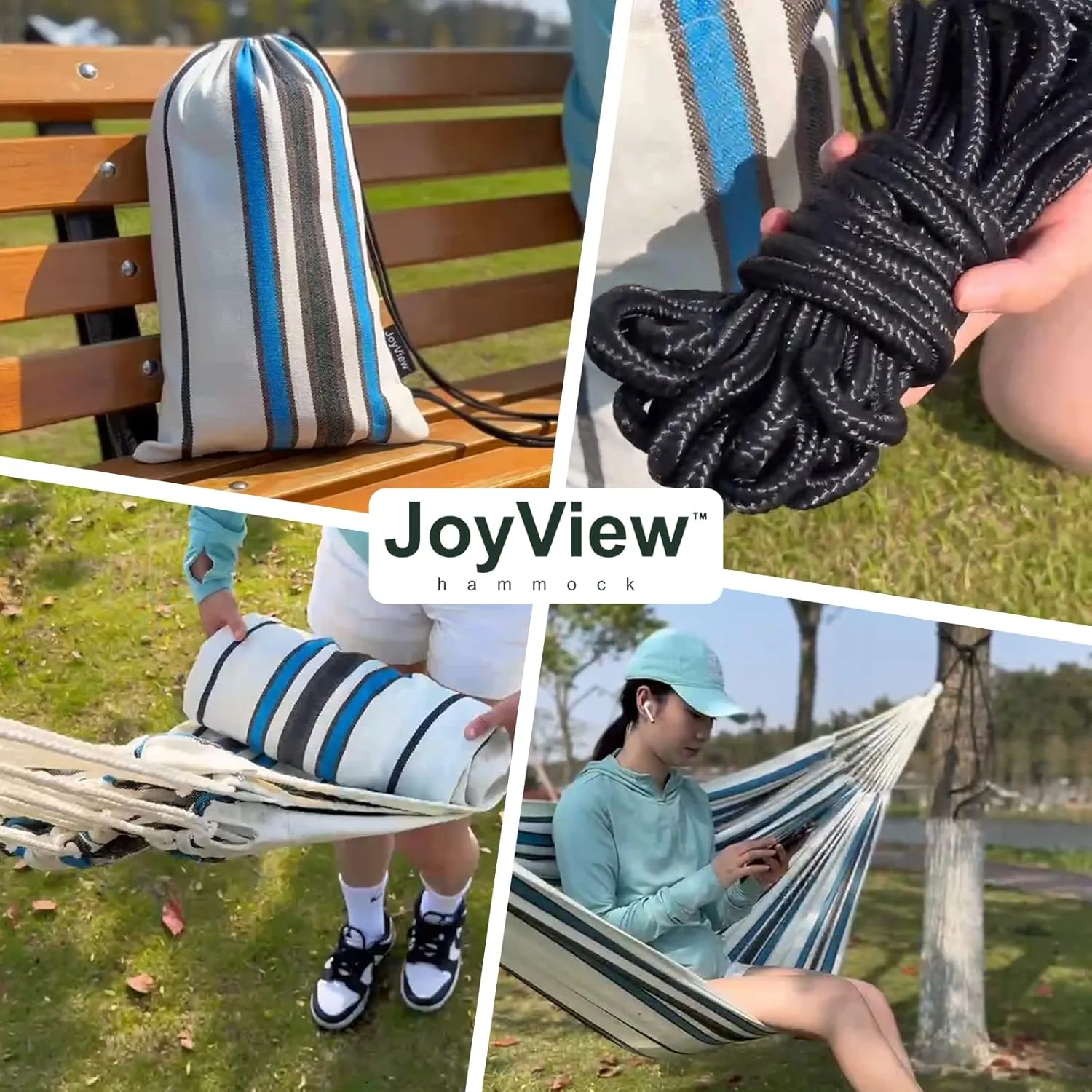 JoyView Brazilian Double Hammock with Hanging Ropes Extra Large 86.6x59” Portable Cotton Hammock for Patio Backyard Porch 450LBS Weight Capacity Perfect for Outdoor/Indoor - Light Green/Yellow Stripe