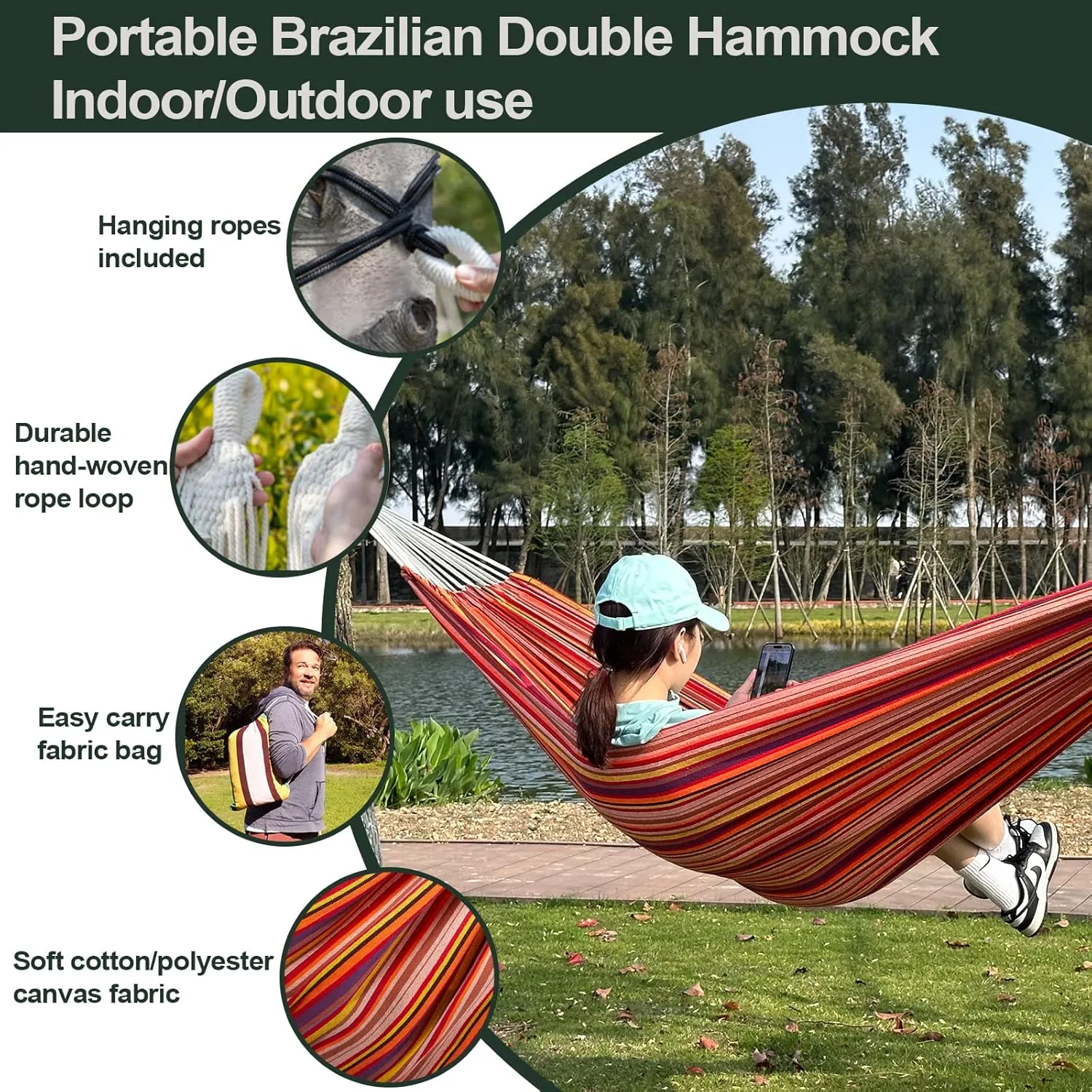 JoyView Brazilian Double Hammock with Hanging Ropes Extra Large 86.6x59” Portable Cotton Hammock for Patio Backyard Porch 450LBS Weight Capacity Perfect for Outdoor/Indoor - Light Green/Yellow Stripe