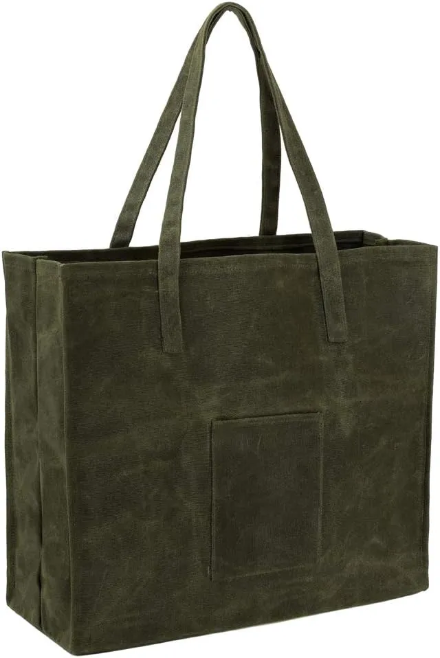 Kaaltisy Waxed Canvas Grocery Bag Eco-friendly Reusable Shopping Bag with Pocket Stylish Market Tote Bag Waterproof Waxed Canvas Beach Bag, Wide, Soft Handfeel