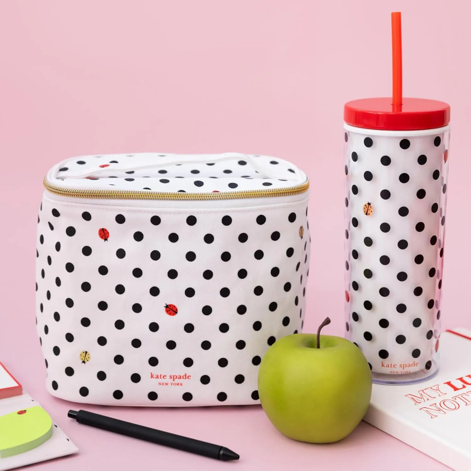 kate spade new york Acrylic Tumbler with Lid and Straw, 24 oz Tumbler, Slim Double Wall Tumbler (Ladybug Dot)