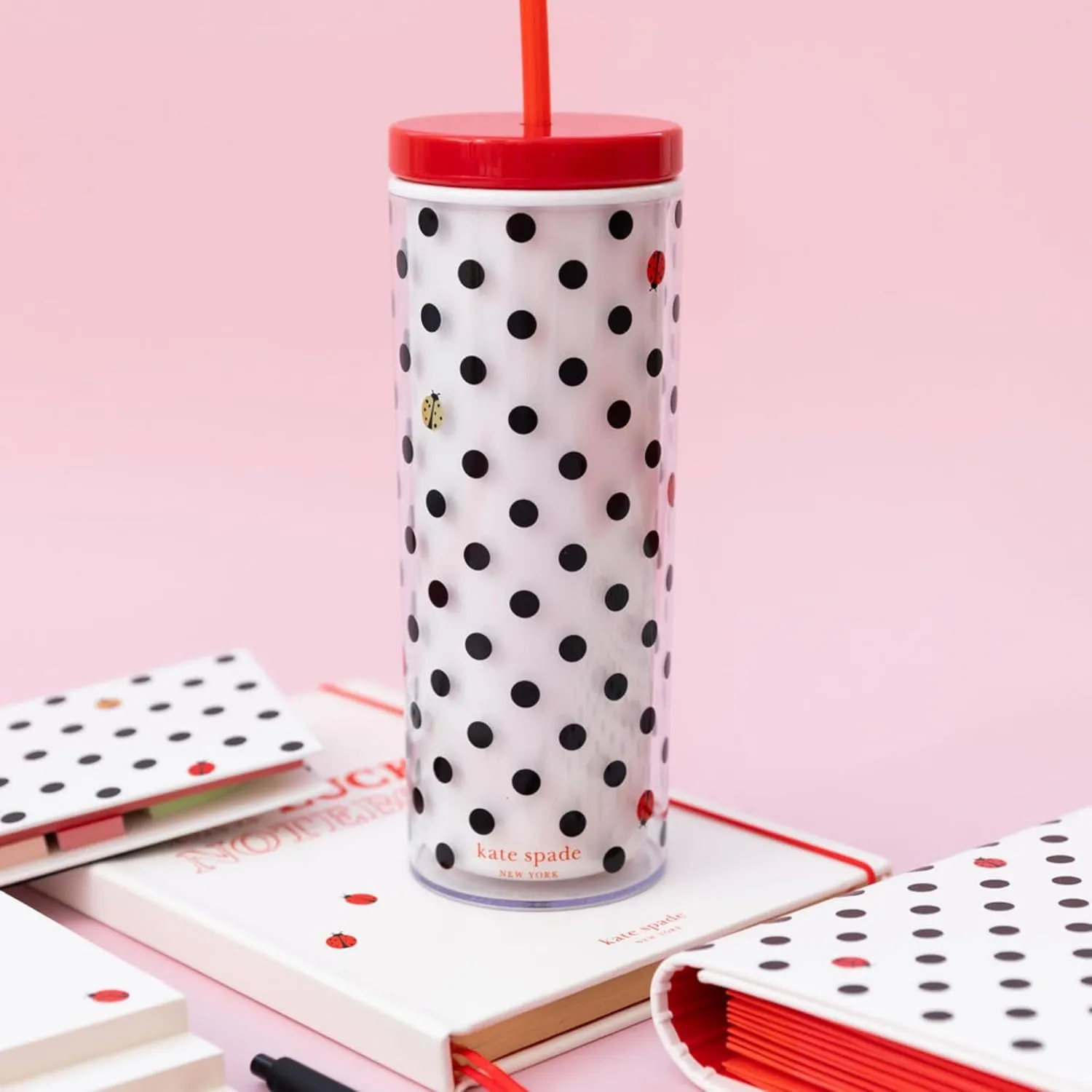 kate spade new york Acrylic Tumbler with Lid and Straw, 24 oz Tumbler, Slim Double Wall Tumbler (Ladybug Dot)