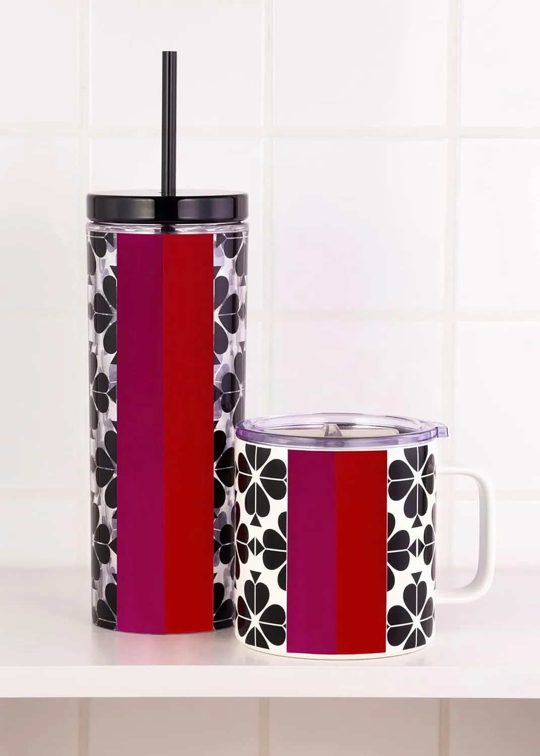kate spade new york Acrylic Tumbler with Lid and Straw, 24 oz Tumbler, Slim Double Wall Tumbler, Spade Flower Stripe