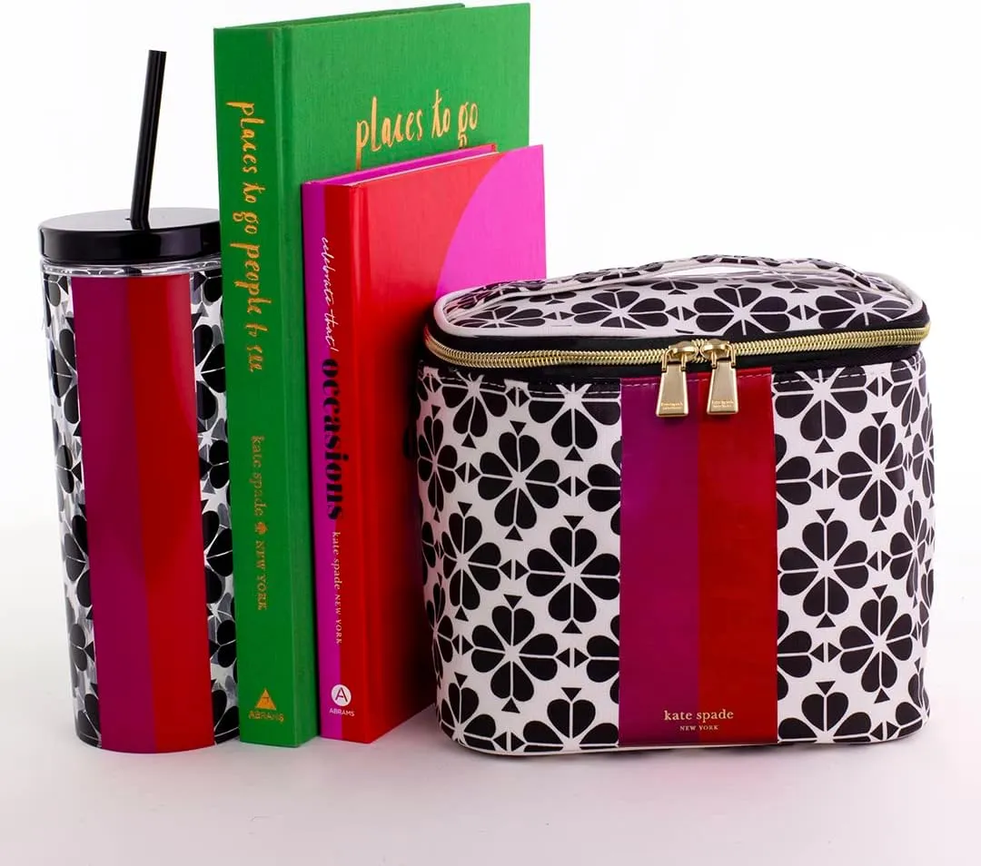 kate spade new york Acrylic Tumbler with Lid and Straw, 24 oz Tumbler, Slim Double Wall Tumbler, Spade Flower Stripe
