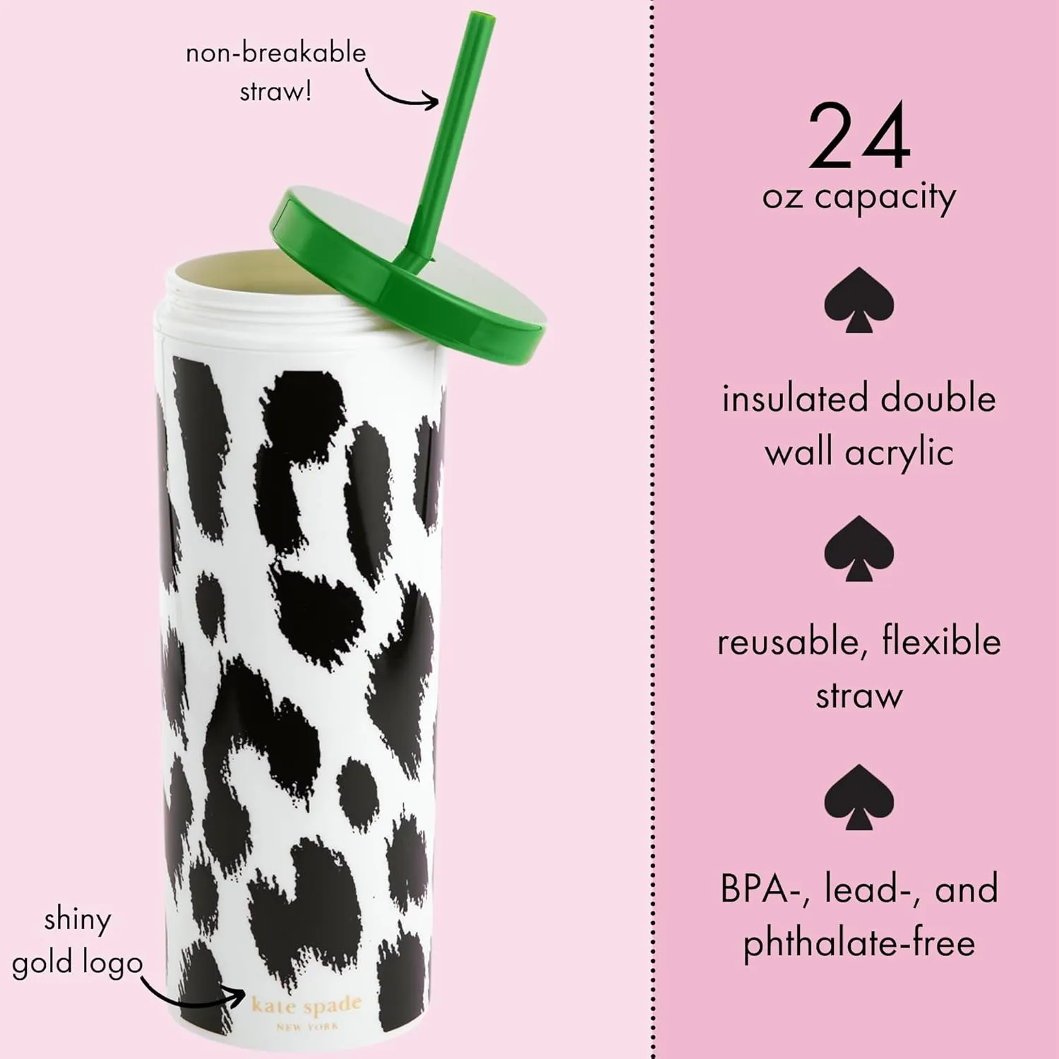 kate spade new york Insulated Tumbler with Reusable Straw, Leopard Print 24 Ounce Acrylic Travel Cup with Lid, Modern Leopard