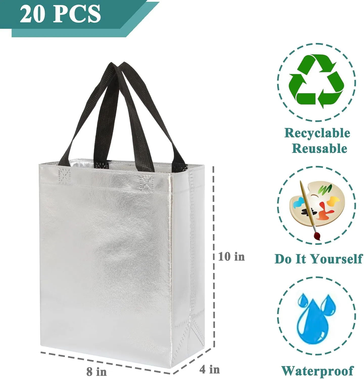 KEYYOOMY 20 Pcs Silver Gift Bags with Handles Medium Size- 8x4x10 In Glossy Reusable Gift Bag with Handles- Shiny Holographic Party Favor Bags Birthday Goodie Bag