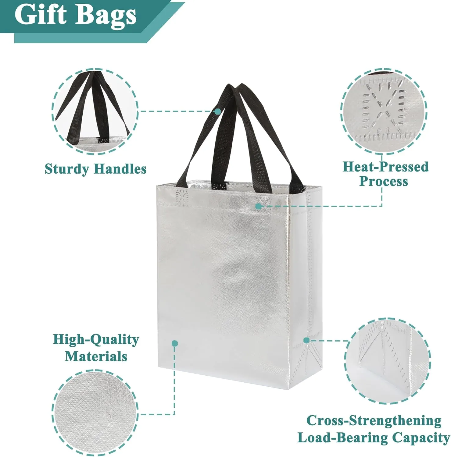 KEYYOOMY 20 Pcs Silver Gift Bags with Handles Medium Size- 8x4x10 In Glossy Reusable Gift Bag with Handles- Shiny Holographic Party Favor Bags Birthday Goodie Bag