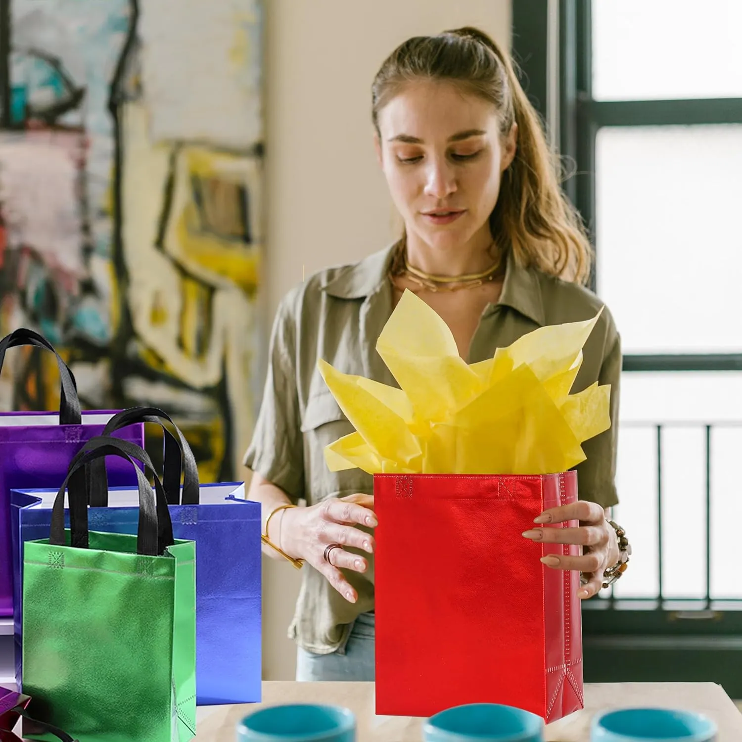 KEYYOOMY 20 Pcs Silver Gift Bags with Handles Medium Size- 8x4x10 In Glossy Reusable Gift Bag with Handles- Shiny Holographic Party Favor Bags Birthday Goodie Bag