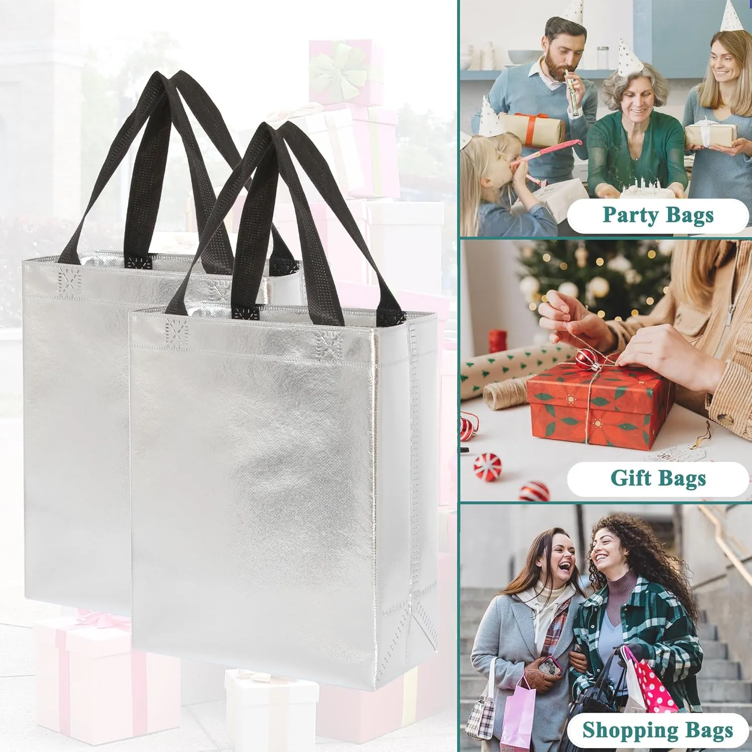 KEYYOOMY 20 Pcs Silver Gift Bags with Handles Medium Size- 8x4x10 In Glossy Reusable Gift Bag with Handles- Shiny Holographic Party Favor Bags Birthday Goodie Bag