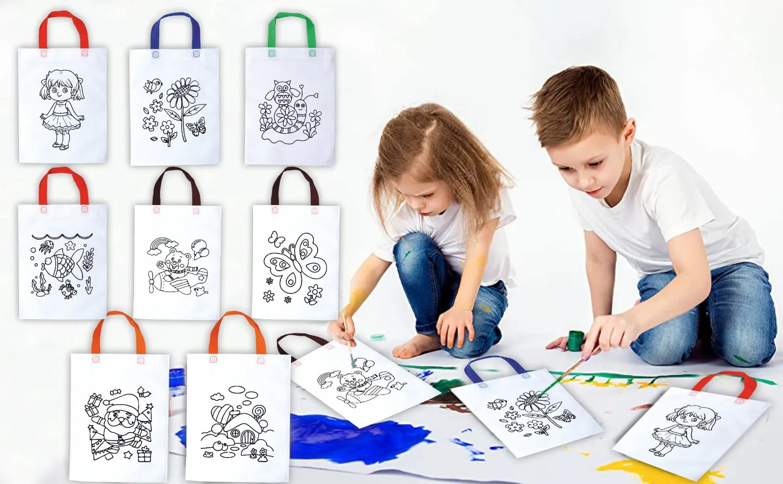 Kids DIY Birthday Party & Goodie Bag - Pack of 20 Reusable Non-Woven Return Gift Bags with Handle (White & Red)