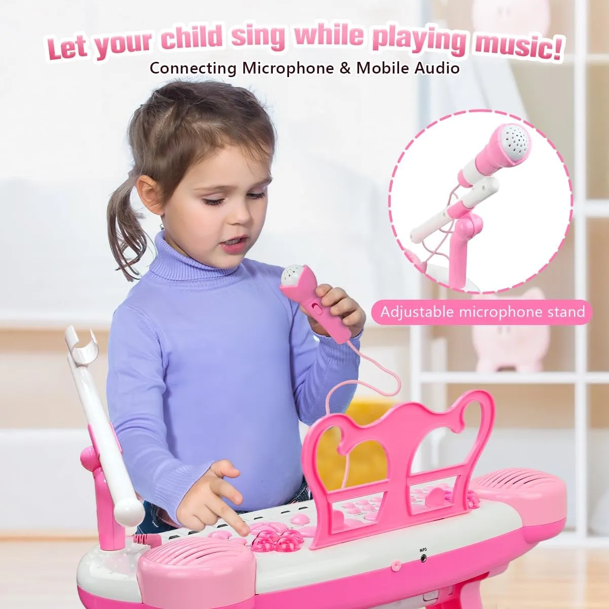 Kids Piano Toy Keyboard with Bench - Rose Pink 31 Keys Portable Electronic Multi-Functional Music Instrument with Microphone and Chair 3 4 5 Years Girls Birthday Gift