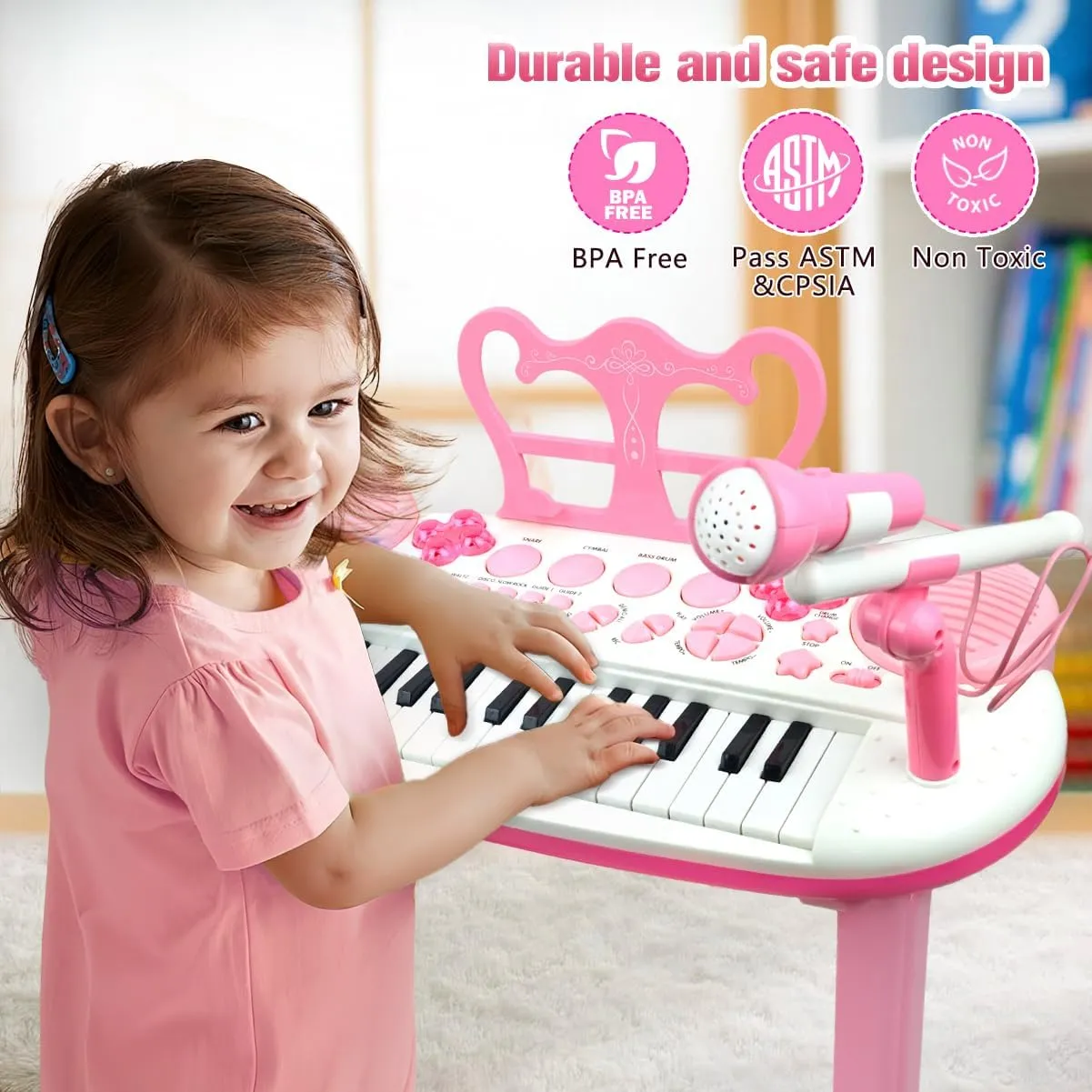 Kids Piano Toy Keyboard with Bench - Rose Pink 31 Keys Portable Electronic Multi-Functional Music Instrument with Microphone and Chair 3 4 5 Years Girls Birthday Gift