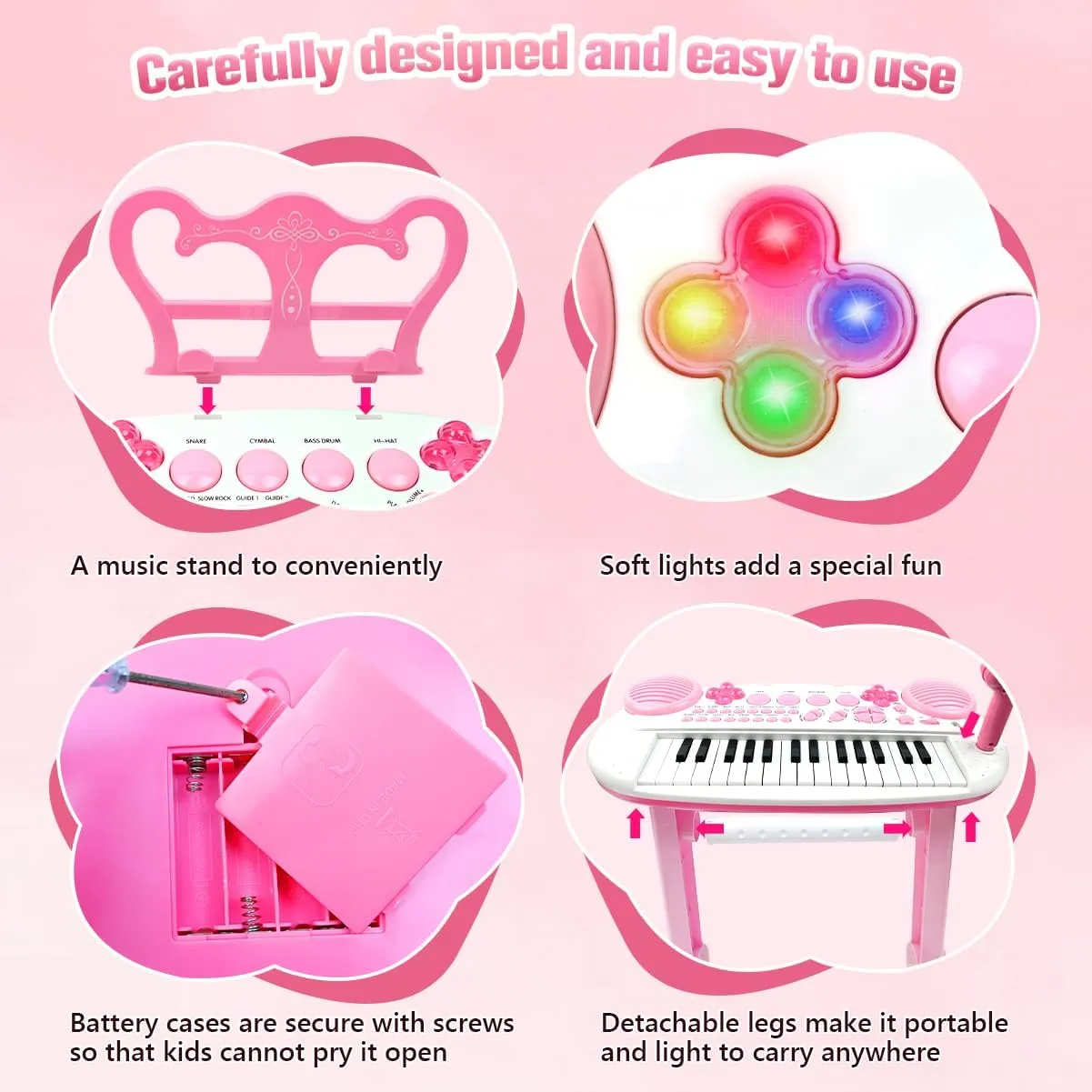 Kids Piano Toy Keyboard with Bench - Rose Pink 31 Keys Portable Electronic Multi-Functional Music Instrument with Microphone and Chair 3 4 5 Years Girls Birthday Gift