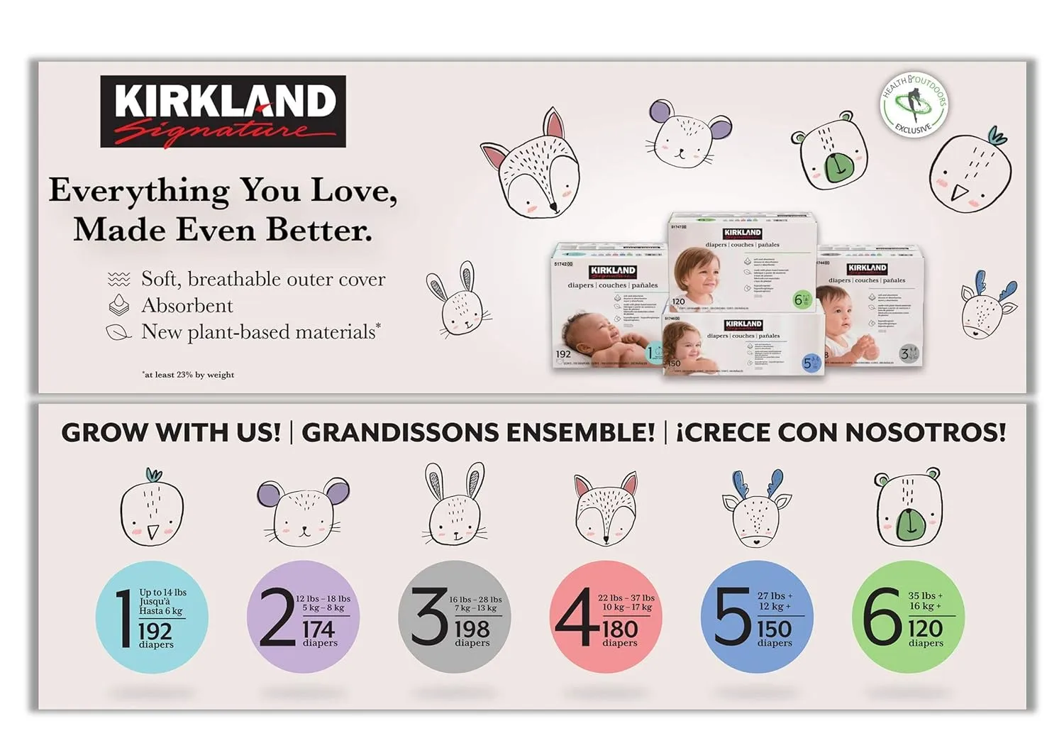 Kirkland Signature Diapers Size 1 (Up to 14 Pounds) 192 Count W/Exclusive Health and Outdoors Wipes